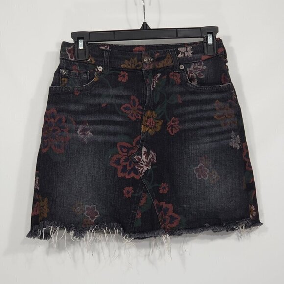7 for all Mankind Floral Black Denim Mini Skirt Raw Hem Dark Romantic Grunge 27" - Picture 1 of 4